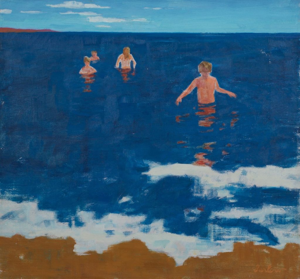 Simple painting with flat deep blue water and four tanned people wading in.