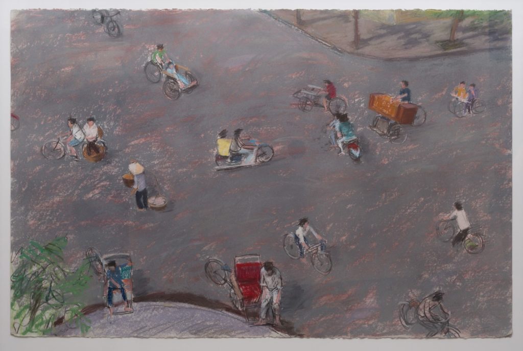Sketched colored scene with a wide tan street and a myriad of people on bicycles going every which way, some carrying large loads or transporting people.