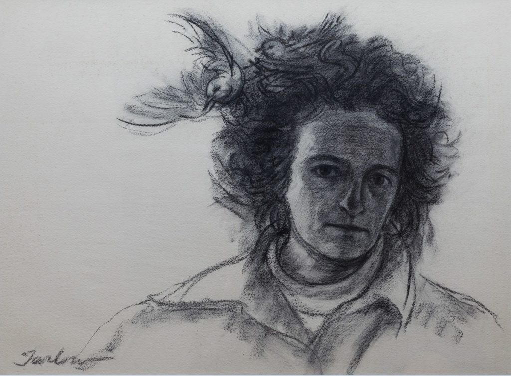 Drawing of a person in a collard jacket from chest up, with placid facial expression and short, wild hair going in all directions. Two birds are nesting in the figure's hair, one depicted just jumping out of the nest of hair.