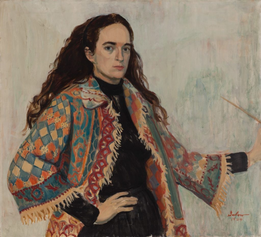 Painted Portrait of a woman with long brown wavy hair in a colorful quilt jacket holding a paintbrush