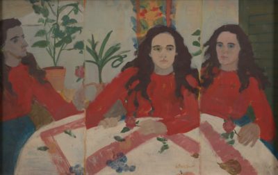 Painting of a woman with long brown hair, pale skin, wearing a red sweater. She is seated at a table with a light pink table cloth with scatterings of florals and fruit. She is mirrored three times from slightly different angles. There are plants in the background with a beige wall.