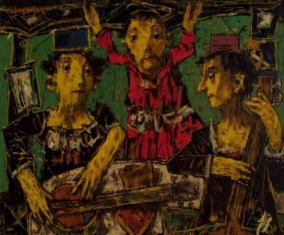 Abstract painting of three child-like figures, two playing stringed instruments, in front of a green background with black squares scattered throughout.