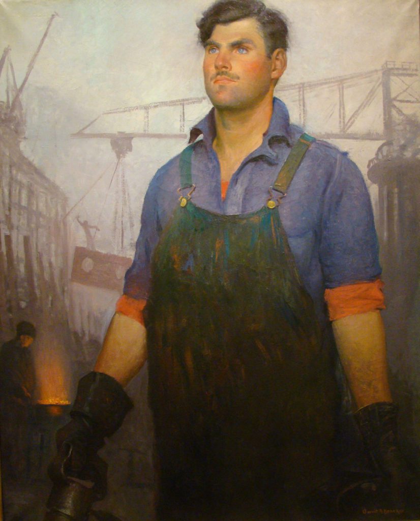 Painting of a man from the knees up, wearing a blue collard shirt and a black leather apron and gloves. He is light skinned, blue eyed, and short brown hair, looking diagonally to the left. Behind him are various steel working objects and a large crane moving metal objects in a hazy environment.