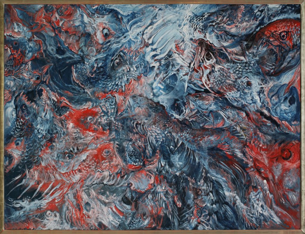 Painting of a mass of blue and red fishes devouring each other in the ocean.