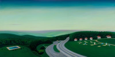Landscape painting with green lawn next to a highway with five small houses behind a miniature golf course.