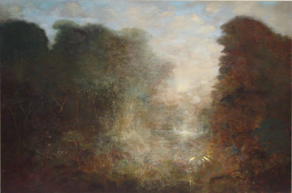 Landscape painting in soft colors with trees on either side of a small brook.