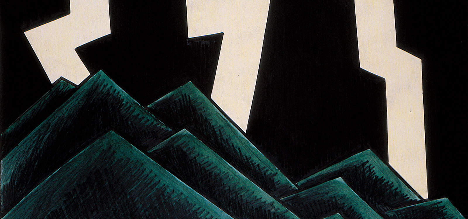 Drawing of geometric shapes. Across the bottom are pointed triangles in green and overlapping each other. The background is jagged vertical stripes of black and white.