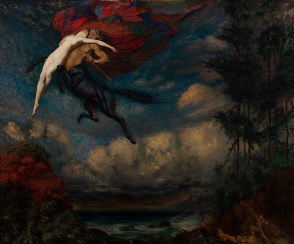 Outdoor scene in dark colors with a pale nude woman being carried off by a centaur in the upper left corner. A red drapery is flying out and behind the woman.