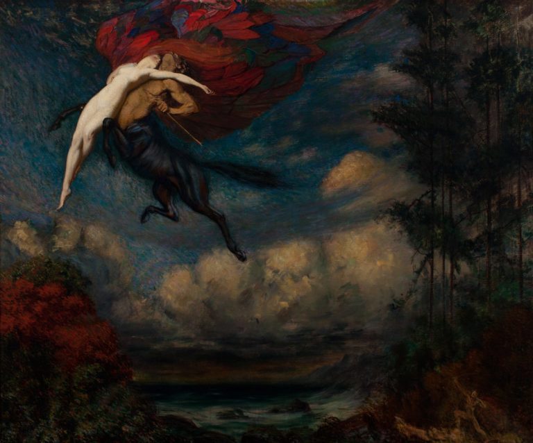 Outdoor scene in dark colors with a pale nude woman being carried off by a centaur in the upper left corner. A red drapery is flying out and behind the woman.