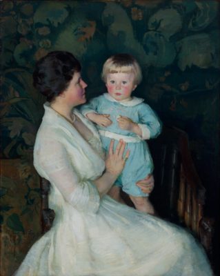 Painting of a woman seated in a white dress with a boy standing to her right in a blue onesie in front of a green floral background.