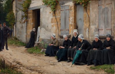 Painting of six women of various ages in black dresses and white caps seated by an old stone building along a dirt road.