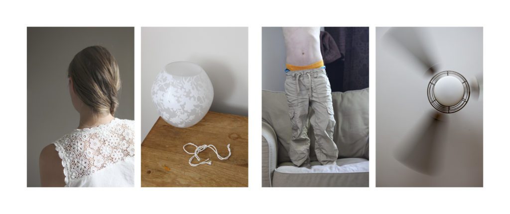 Series of photographs with a woman to the far left in a lacy white top, a table with a lacy glass orb and string, a shirtless boy standing on a couch with arms over his head, and a ceiling fan spinning.