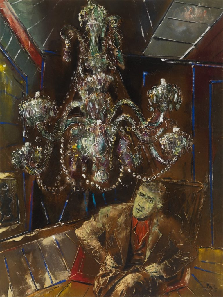 Painting of a man wearing a suit, seated under and looking up at an ornate chandelier.
