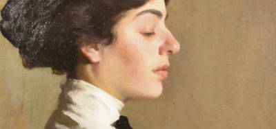 Painting of a close up of a woman's profile. She has pale skin, a high collared white shirt, and her hair is pulled up in a bun under a hat. She has her eyes closed and a calm expression on her face. The background is a solid warm beige.
