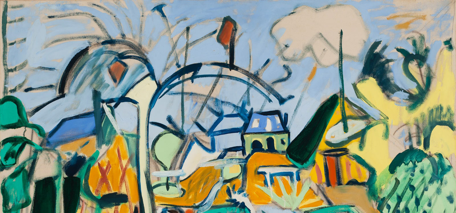 Abstract painting of a landscape with blue sky, orange land, simplistic buildings in bright colors, yellow mountains on the far right, and hairy trees in the foreground.