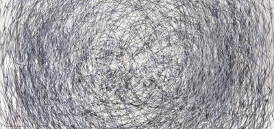 Drawing of black and white lines in a swirling tangled messy ball.