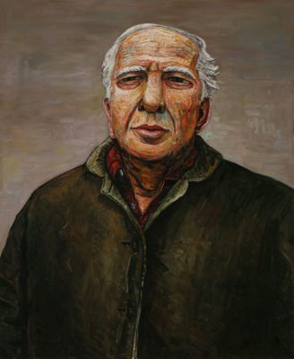 Painting of a man with yellow-peach skin, wearing a deep brown-green jacket. He has wide, narrow eyes and short grey-white hair.