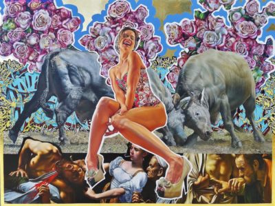 Collage with various Rennaisance paintings along the bottom third, the upper two thirds contain two bulls headbutting, blue and yellow spray paint graffiti behind them, and three groupings of pink roses surrounded in white and blue outlines. In the center crossing both these scenes is a light skinned woman, seated with hands between her knees, wearing a red and white ornate strapless swimsuit. Her head is up and back slightly, laughing.