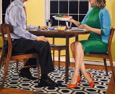 Realistic painting of a man and woman seated at a table. They are depicted from center face down, the man on the left wearing a grey dress shirt, black slacks, and black shoes while the woman on the right is wearing a green dress with bright red high heels.
