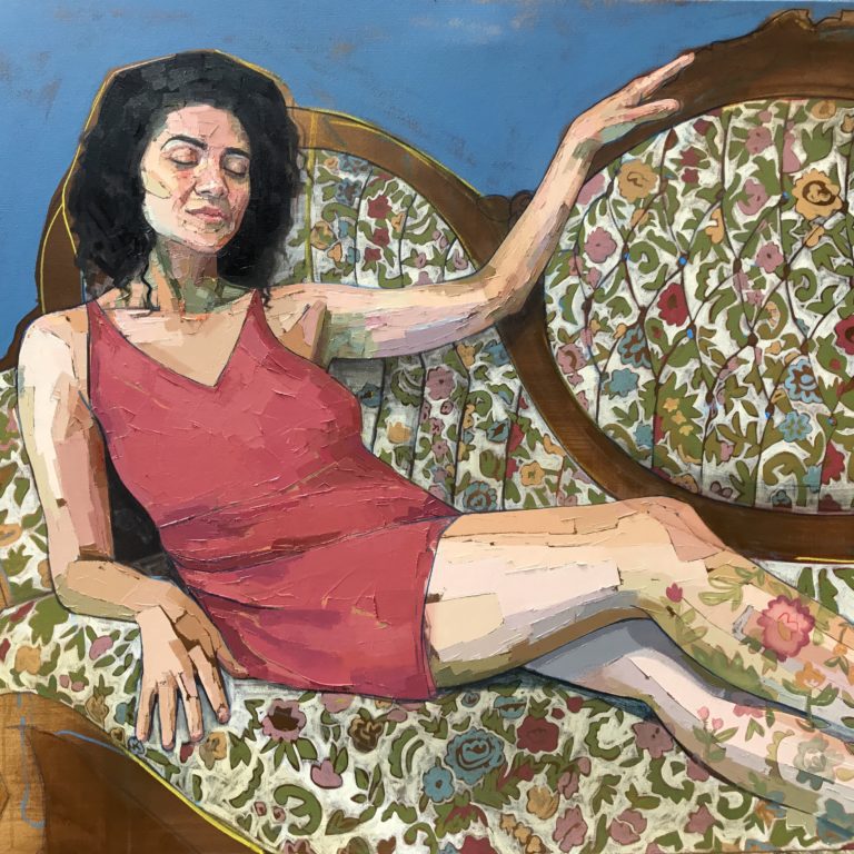 Zoomed in picture of a painting made with wide palette strokes of a woman with light skin and short curly black hair reclining on an ornate couch with wood outlines and a floral quilted fabric. The woman has her eyes closed and one hand up on the back of the couch. She is wearing a pink-red short dress and her legs are fading into the couch.