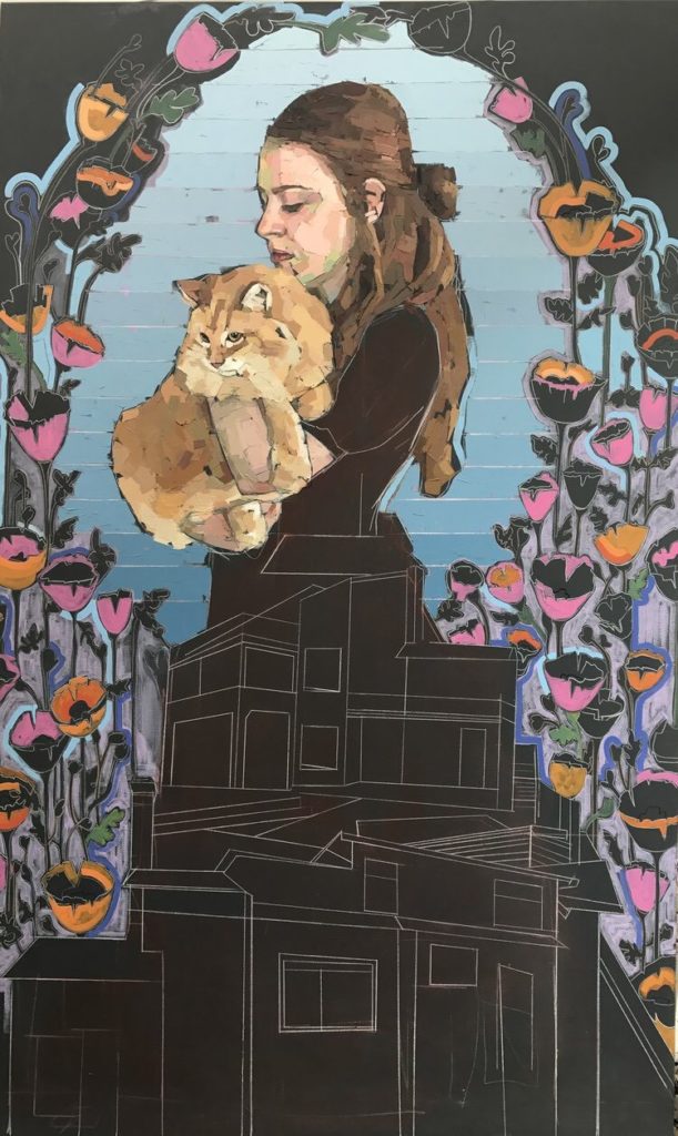 Painting of a young light skinned woman and long brown hair in a black dress made of sketched house figures holding a long hair orange cat. She is in front of a black background, a floral pattern in oranges and pinks, and a deep grey boarder on the exterior.