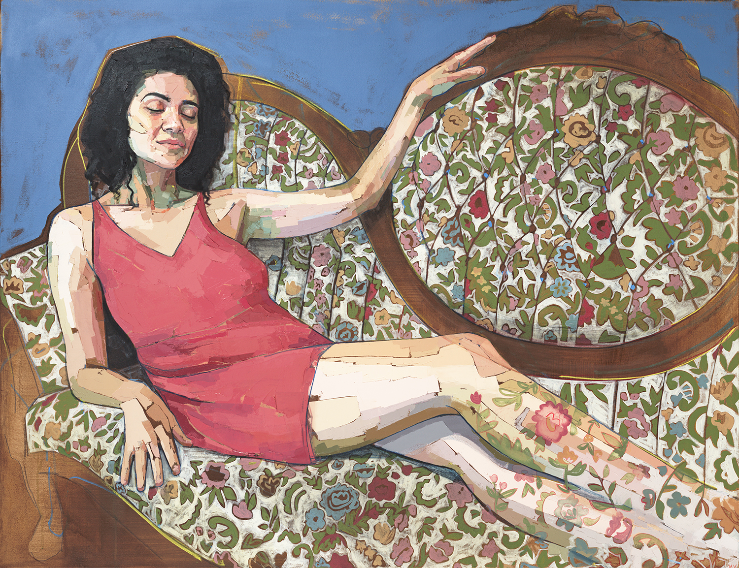 Painting done with wide palette marks of a light skinned woman with short curly black hair reclining on a couch. The couch is ornate with rounded back, wood outlines, and quilted floral pattern cloth. The girl is wearing a pink-red short dress with her eyes closed and her legs are fading into the cloth of the couch.