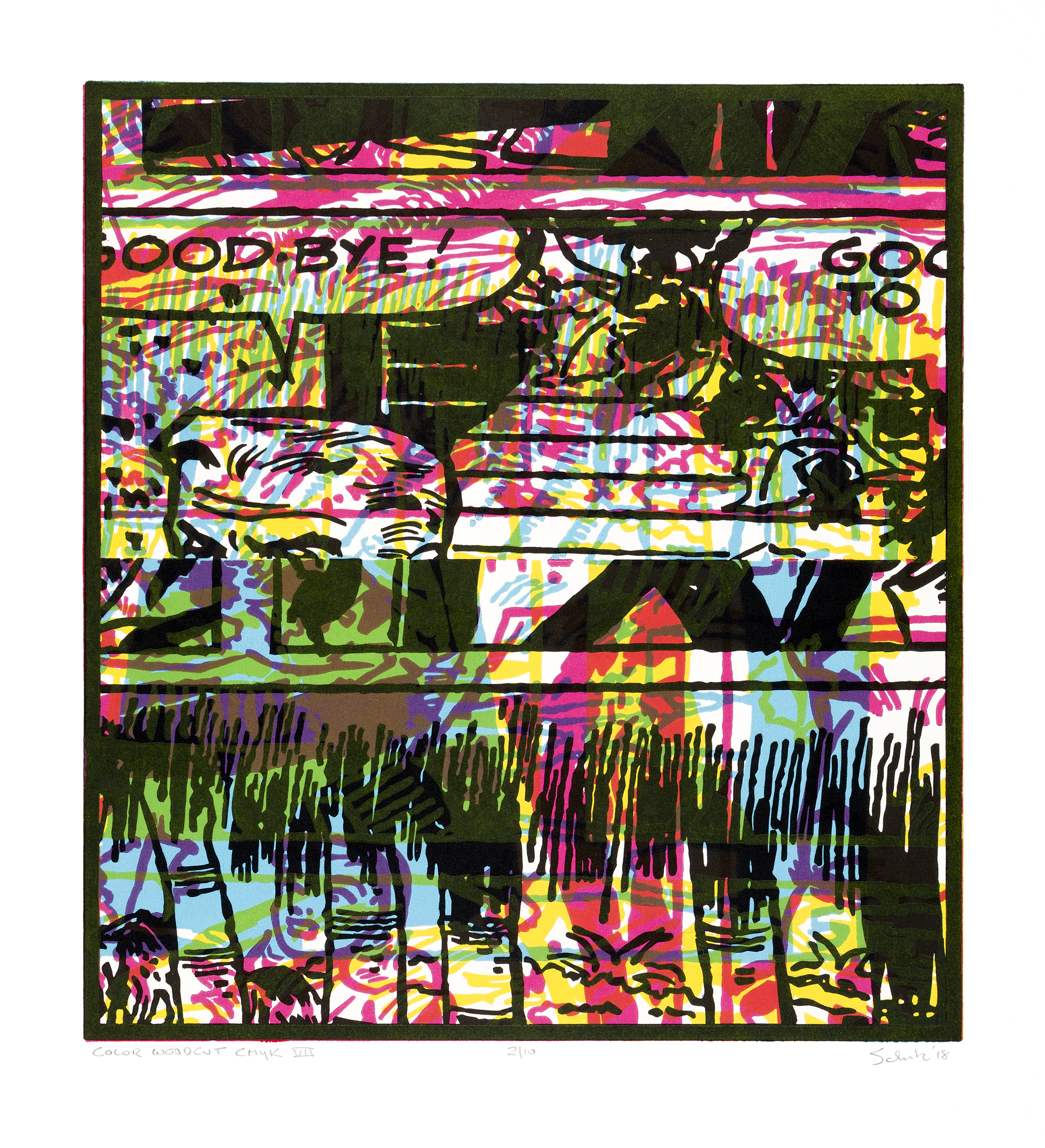 Woodblock print with wide black outlines done in choppy horizontal segments on top of bright pink, green, yellow, and blue colors. All prints are segments of comic strips. Two word bubbles are visible stating 'Good-Bye!' and 'Good to Go!'.