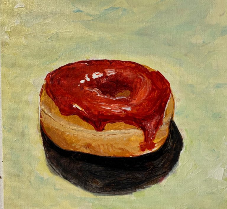 Painting on a mottled green background with a chocolate glazed doughnut in the center.
