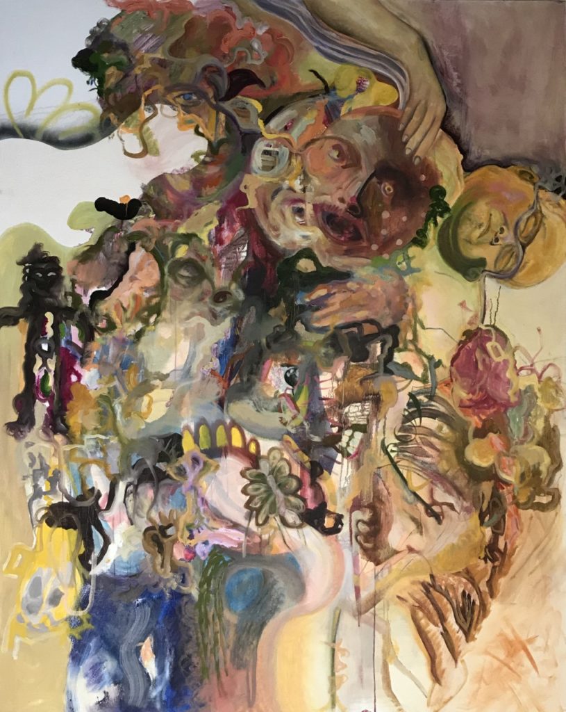 Busy expressionistic painting with many swirls and blobs of color across the canvas, but gathered primarily in the center. There are faces peaking out in several areas, including one distinct Asian face at the upper right wearing glasses.