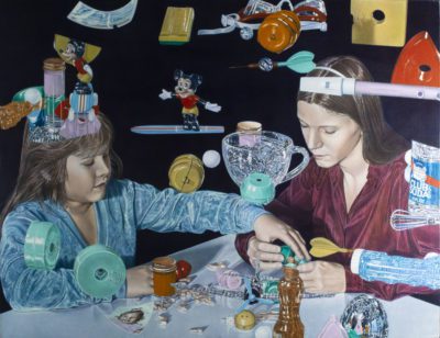 Painting of two young girls leaning on a table. There are various toys and craft items floating around them and on the table. The background is pitch black.