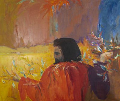 Painting in primary colors of red, yellow, and blue. There is a wide swath of yellow on the bottom half with scattered branches with blue leaves around a red robed figure holding the branches. The figure has long brown hair, a calm face, and a hint of a beard.