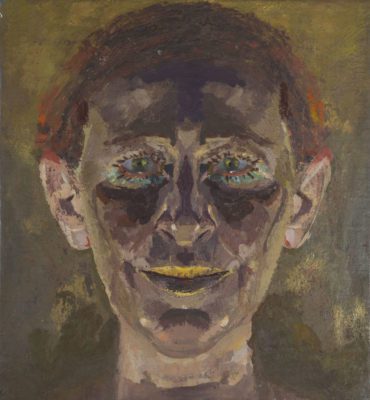 Abstract portrait painting of a face looking straight out, with light skin, short red hair, yellow painted lips, and red and blue eyelashes. The face has deep shadows on the cheeks and forehead, and the background is a similar shade to the person's skin color.