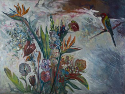Painting of exotic flower on the left half and a colorful parrot on a branch on the upper right. The background is swirling whites, blues, and reds.