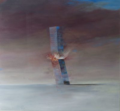 Painting of a flat background of reds and hint of blue in the upper right and a ground of blue-white. In the center is a tall building leaning to the left with an explosion of fire coming out from the center.