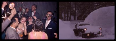 Two old colored photographs side by side. On the left is a New Years party with many people gathered around throwing confetti. On the right is a car just unburied from two large snowbanks on either side.