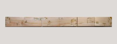 Long panel of three wood segments with painted scenes of two women's faces on either end and several cities and figures between.