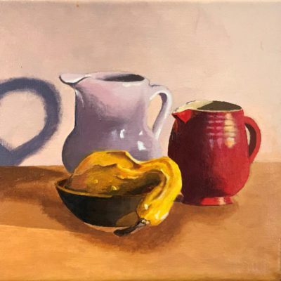 Still life painting with a brown table and cream wall. On the center of the table is a red jug, tan jug, and a brown bowl with a curved long neck yellow squash.