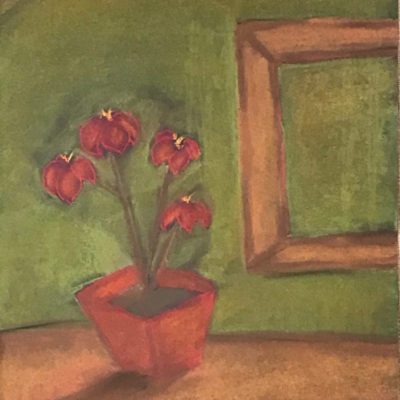 Pastel still life drawing of a green wall with green hanging frame, a brown table, and a red plant of four flowers in a red square vase