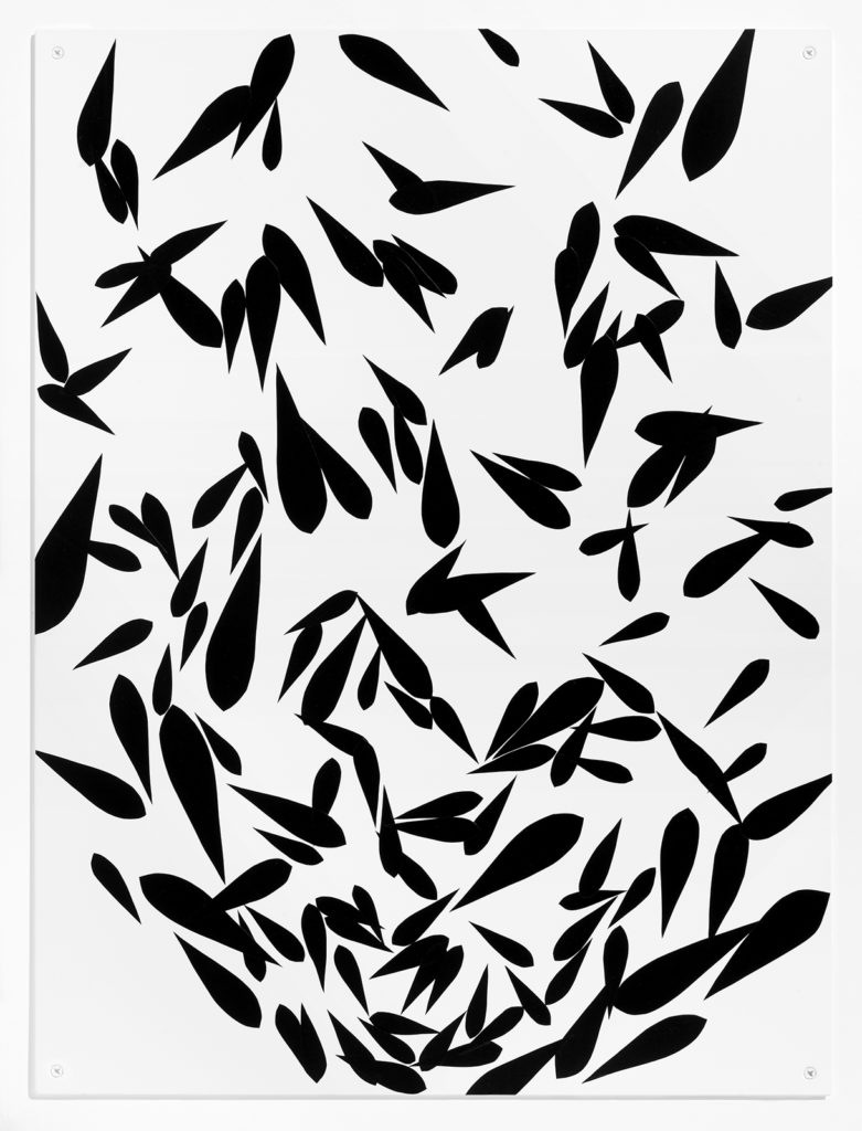 White panel with abstract arched black figures representing leaves falling