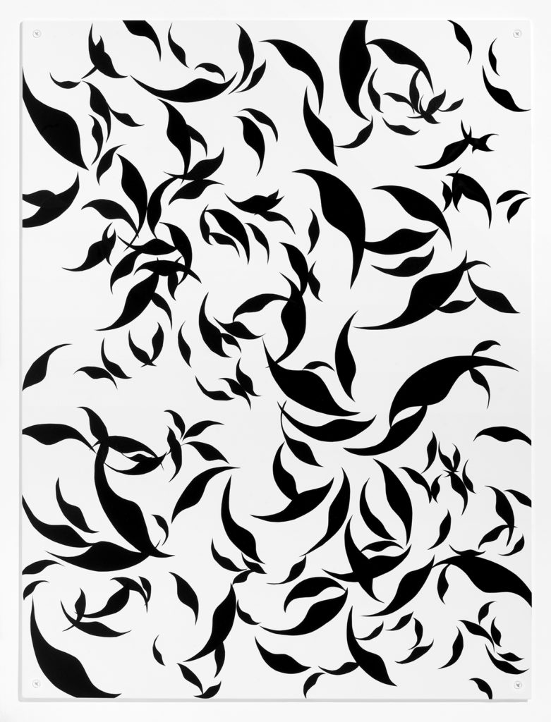 White panel with abstract arched black figures representing leaves falling