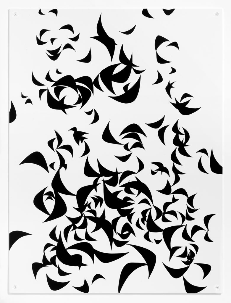 White panel with abstract arched black figures representing leaves falling