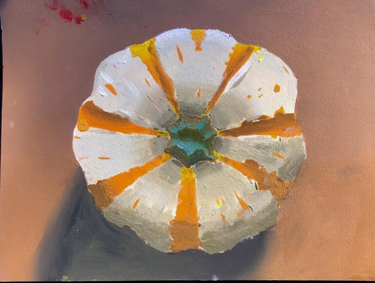 Painting looking down on a tan table with a white squash with orange stripes and dots and a green stem.