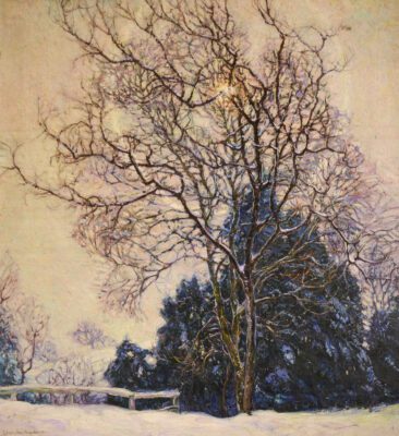 Winter landscape painting with a snow covered ground and a leafless tree. Behind it is a collection of pine trees. Towards the top center behind the main tree is the hint of the sun with a wide glare ring around it.