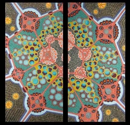 Intricate artwork in two vertical rectangles with cell-like shapes. There are brown wavy details outlined in light blue surrounding a large structure in a peach-pink meshed outline and an interior of bright green, yellow, and light blue circles. This leads to a smaller inner section of more brown wavy sections surrounding cell-like structures of pink hexagons with deep pink dots in the center of each.