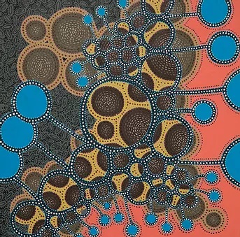 Intricate artwork primarily of circles in a cell-like structures. Brown hues are on the upper left with a few blue filled circles, brown and yellow circles in the center, and a peach-pink filled in space on the lower right side.