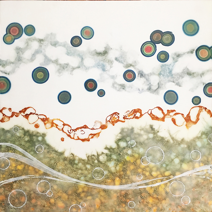 Artwork with a white background and a ground of hazy orange and green with thin lines and outlined circles in white. Above this is a bubbly thin ribbon in orange with green, blue, and pink filled circles.