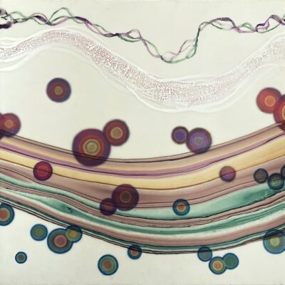 Artwork with green-white background with the bottom two thirds having a waving line of laminated colors in orange, purple, brown, and green, with circled of filled in green hues and red hues. Above is a textured white wave and a bubble thin intertwined wave of green and purple.