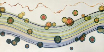Artwork of a cream-white background with wave across the center of laminated colors in green, purple, and blue. There are green, orange, and yellow dots across the surface. There is a thin bubbly ribbon form in orange across the top.