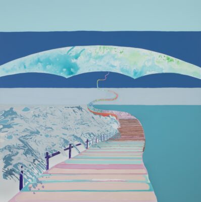 Flat abstract landscape with a board walk-like image in the bottom snaking in to the background, connected to a flat umbrella like shape of white with watery blue and green fill. There is a calm blue on the right and a busy wavy blue swirled pattern on the left of the board walk. The background is wide strips of blue, from blue grey, to deep blue, to light blue.
