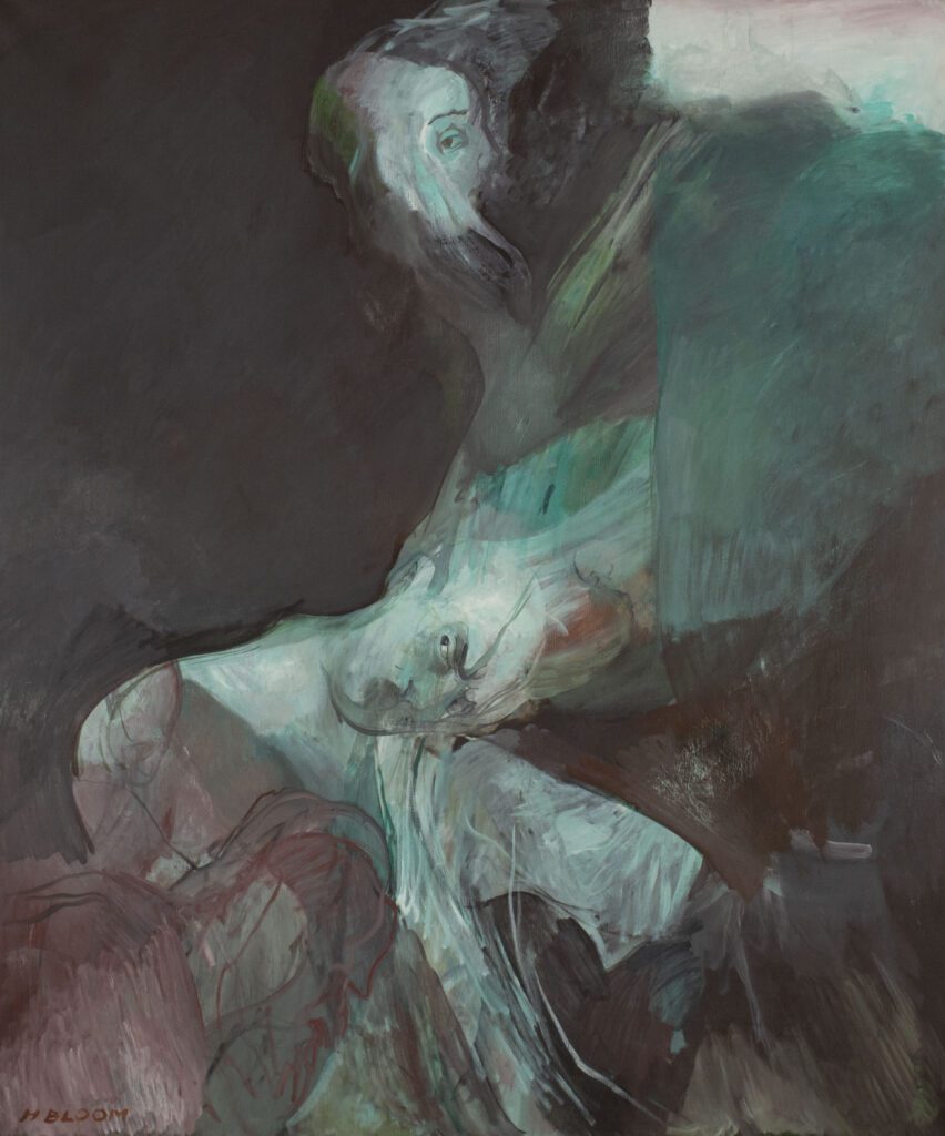 Abstract expressionist painting with a deep black background with hints of white and teal at the top right and red at the bottom left. There are faces in white and teal emerging from the scene, but in half ghostly forms or odd angles.